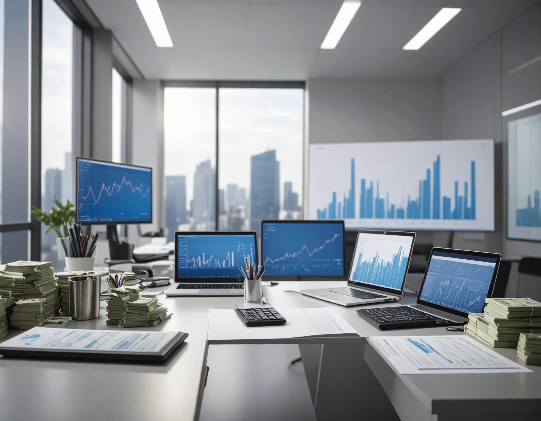 Business Accounting Services. A bunch of laptops with financial data - graphs & charts on the screen.