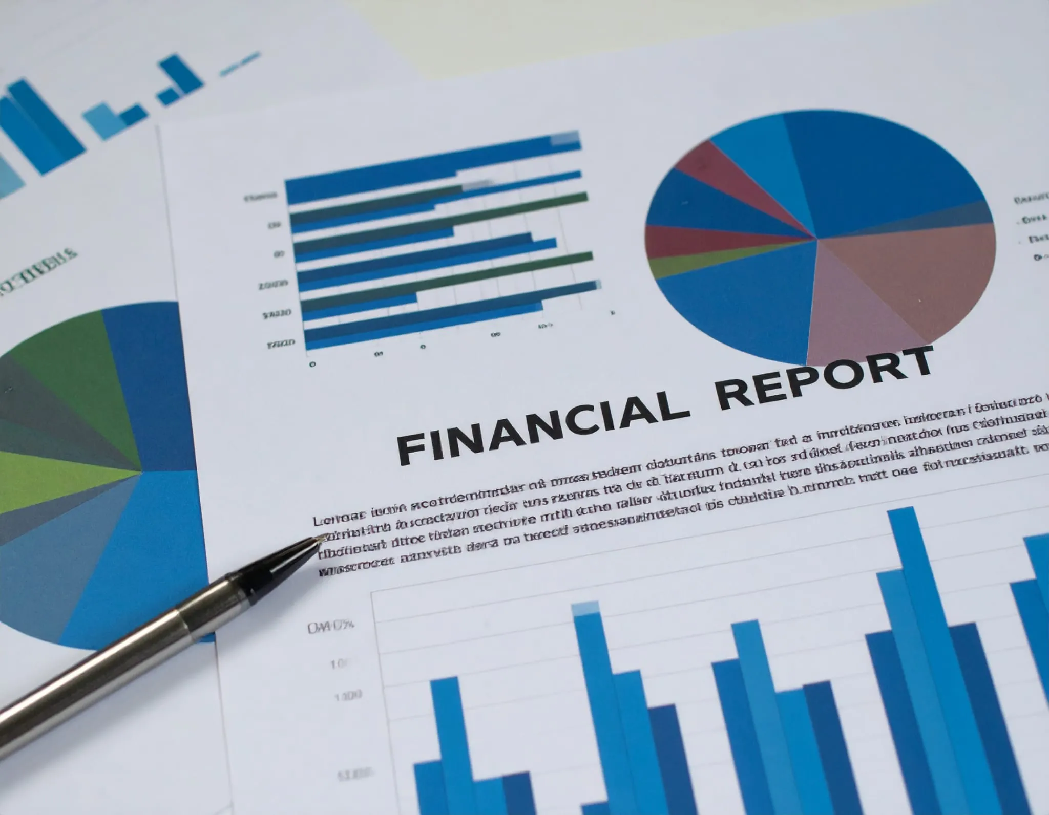 Annual Accounts. Company data, Bar charts, pie charts on the desk.