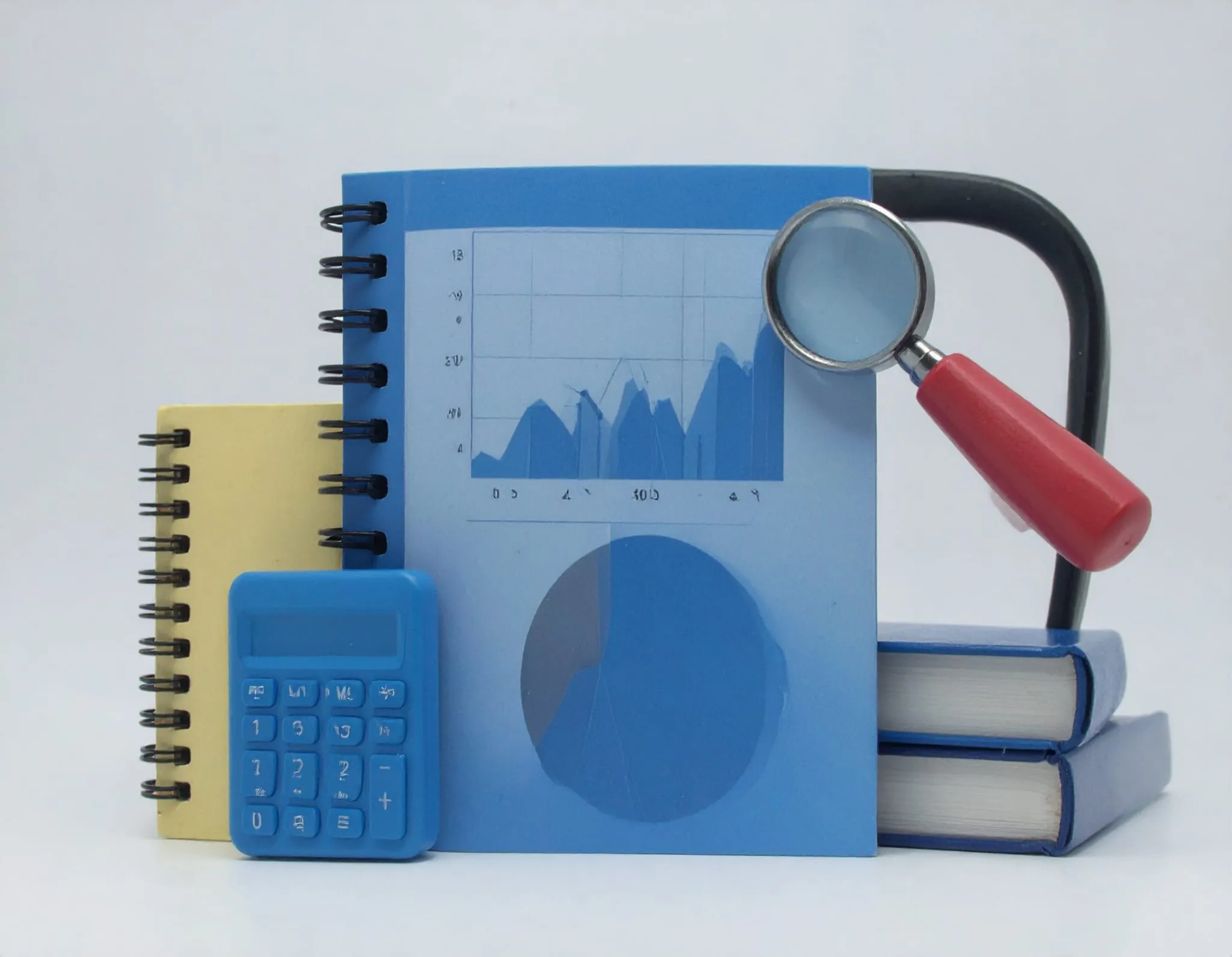 Bookkeeping. Books, Magnifying glass, calculator, notebooks & charts.